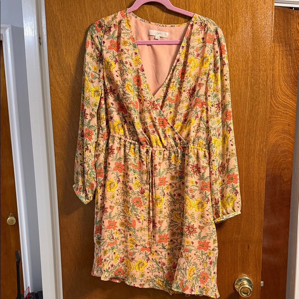 Light Pink Floral Wrap Dress with Yellow & Coral Flowers